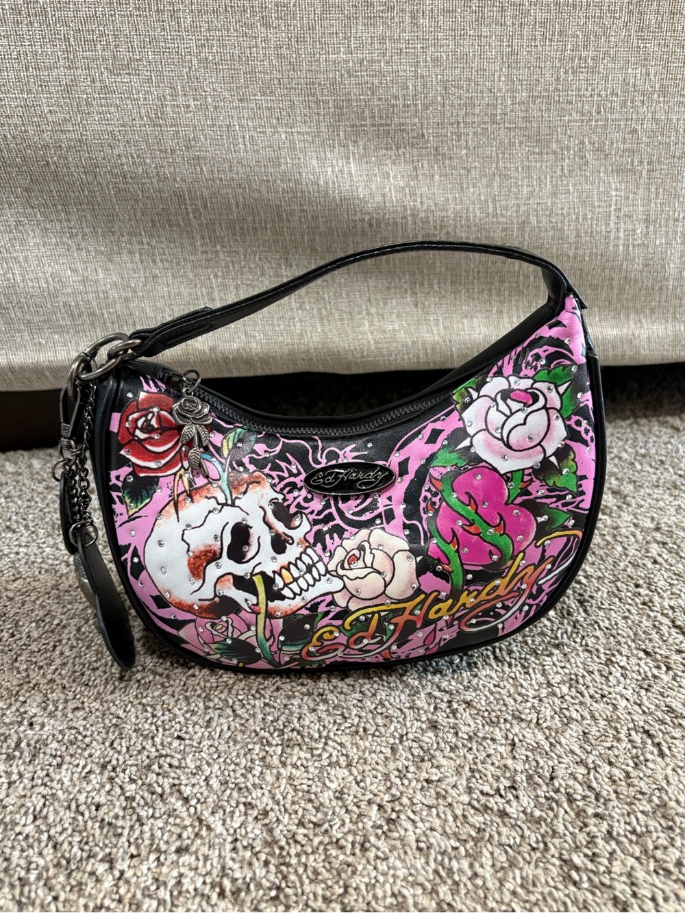 Ed Hardy Pink Skull & Rose Mini Hobo Bag